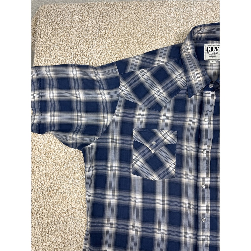 Ely Cattleman Shirt Mens XL Blue Gray Plaid Western Pearl Snap Flannel READ - Picture 7 of 12